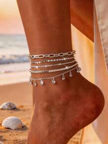 5件套铜合金银色多层脚链套装，水钻吊坠链脚链，女士夏季海滩度假饰品[款式数量随机，取决于链条长度] - 亮銀色 - 查看 1