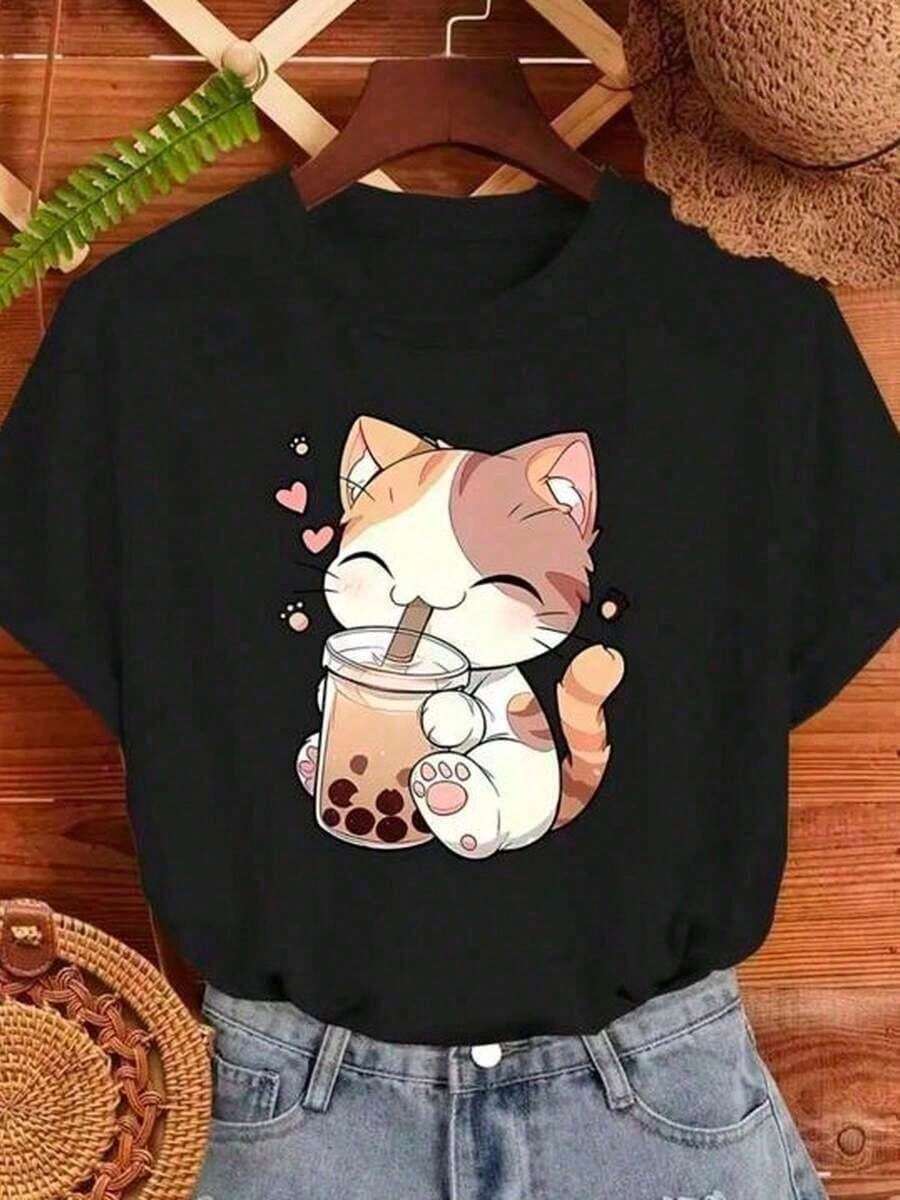 Women's Cute Cat Milkshake Printed T-Shirt, Cotton, Casual, Comfortable - 黑色 - 查看 1