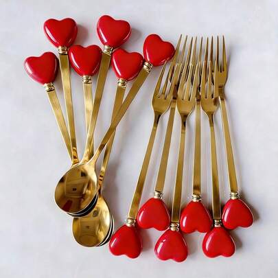 6/12pcs Ceramic Handle Stainless Steel Cutlery Set, Gold Forks & Spoons, Coffee Spoons, Ice Cream & Dessert Spoons, Fruit Salad Forks, Creative Heart Shaped, Cute Mixing & Seasoning Spoons, Party & Afternoon Tea Tableware