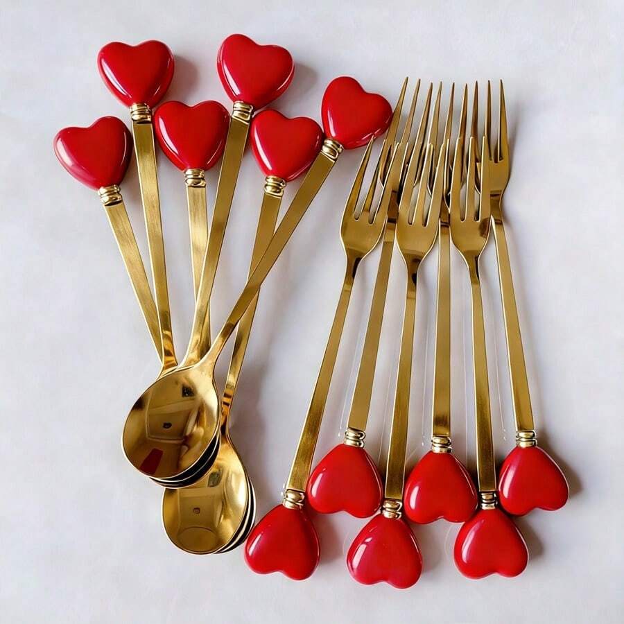 1/2/6/12pcs Ceramic Handle Stainless Steel Cutlery Set, Gold Fork & Spoon, Coffee Spoon, Ice Cream Dessert Spoon, Fruit Salad Fork, Creative Red Heart, Cute Stirring Seasoning Spoon, Party Afternoon Tea Tableware - Multicolor - View 1