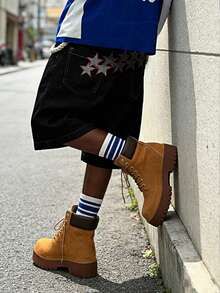 男士黑色牛仔短裤，饰有五角星刺绣，复古街头Y2K风格短裤 - 黑色 - 查看 3