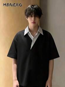HANEKO メンズ テクスチャ生地 無地 ベーシック ハーフオープンカラー Tシャツ、秋 メンズシャツ コントラストカラー - ブラック - チェックする 2