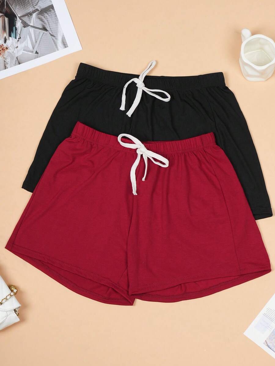 2pcs Women's Solid Color Knit Drawstring Casual Shorts, Comfortable For Home & Sleep, Suitable For Spring, Summer, Autumn - Multicolor - View 1