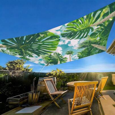 1件热带树叶树云图案遮阳篷，采用轻质涤纶面料制成，适用于海滩、露营、花园、野餐等户外探险活动，配有加固绳（不含支架）。