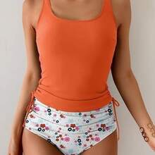 Women's Fashion Printed Drawstring Bikini Sets High Waist Ruched 2 Piece Swimwear European Style - Coral - View 2