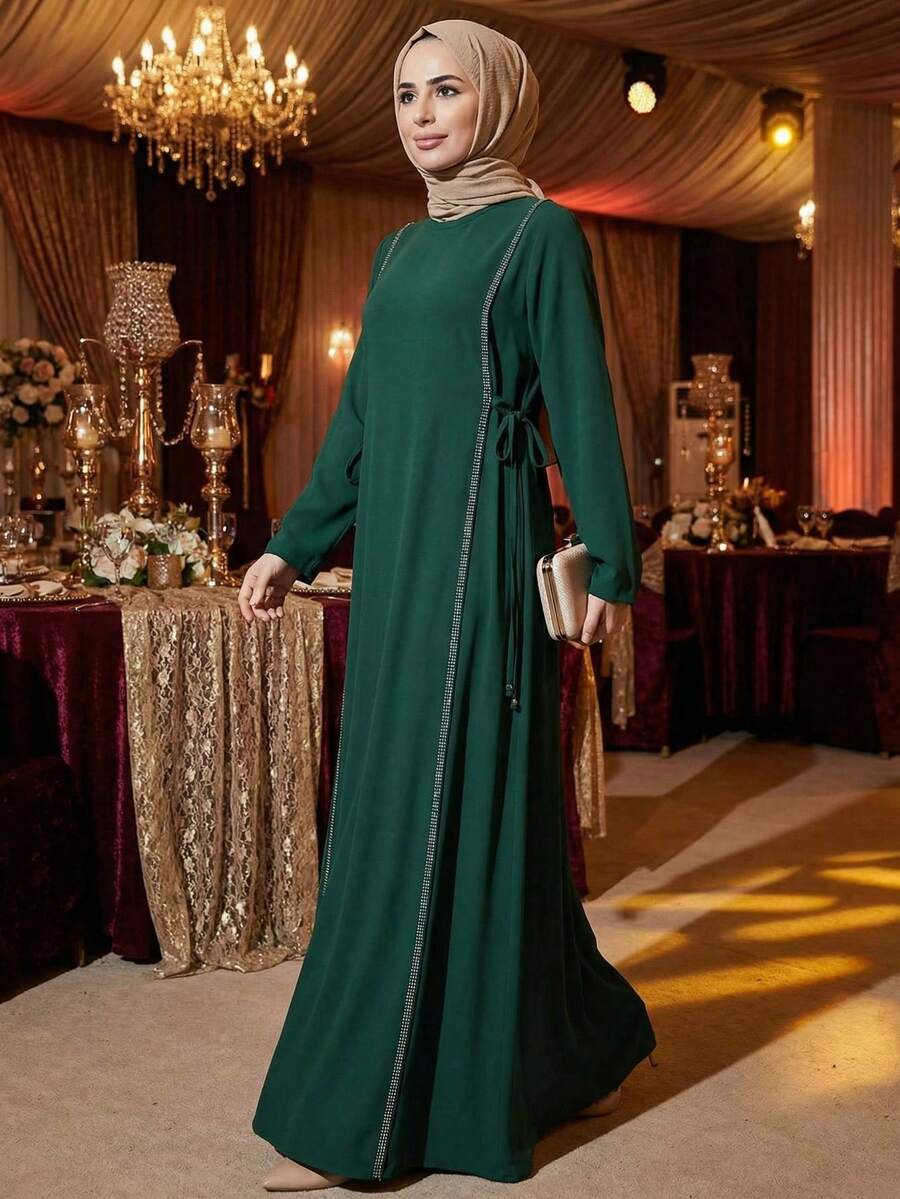 Modest Women's Green Rhinestone Trim Tie Side Abaya Long Sleeve Islamic Maxi Dress Spring