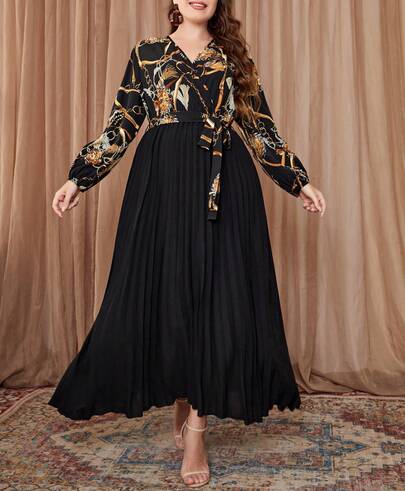 Vestido Elegantes para Dama Talla Grande Plisado Estampado con Escote en V ,  Perfecto para Fiestas