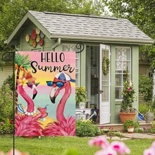Double Sided 12x18 Inch Colorful Flamingo Garden Flag Outdoor Tropical - Hello Summer Welcome Burlap Seasonal Flag For Spring Summer Holiday Party, Lawn Patio Porch Yard Decoration Gift Women Men, No Included Flag Pole - 多色的 - 查看 2
