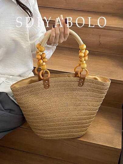 Handmade Woven Bag, New Women's Beach Vacation Shoulder Bag, Large Capacity Tote Straw Basket Handbag