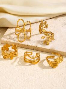 5pcs Stainless Steel 18K Gold Plated Summer Elegant Style Geometric Flower Leaf Line Rings Set Suitable For Women Daily Wear, Date, Vacation - Multicolor - View 5