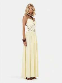 Sexy Spice Girl Casual Vacation Wind Embroidery Water Soluble Lace Hollow Splicing Chiffon Suspender Dress - 黃色 - 查看 9