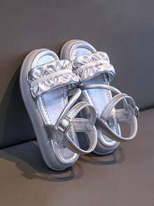 1双女童公主软底凉鞋，幼儿防滑时尚休闲厚底凉鞋，多功能魔术贴可爱旅行沙滩鞋，罗马风学生鞋，适合夏季 - 銀色 - 查看 4