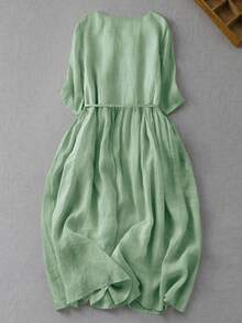 Frühling Sommer Herbst Vintage Bohemian elegantes Damenkleid mit Rundhalsausschnitt, doppellagigen Rüschen, Plissee, Patchwork, Bindegürtel, Knöpfen, mittellang, leicht und atmungsaktiv, Vintage-frisches Rüschen-Dekor, Taillenknöpfe, Kurzarm, süß, vielseitig, elegant, für den Arbeitsweg, schlicht, minimalistisch, leichtes atmungsaktives Material - Grün - Übersicht 6