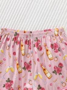 2 pezzi Set pigiama da donna con stampa rosa romantica, in tessuto di seta di qualità, morbido e delicato sulla pelle, camicia con maniche corte e pantaloncini larghi e comodi con bottoni, stile femminile per il pigiama - Rosa - Visualizzare 9