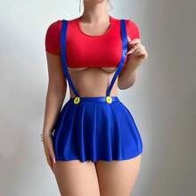 2 Piece 1 Set Stretchy Fabric  Themed Cosplay Lingerie Set Short Sleeve Crop Top Suspender High Waist Pleated Skirt Sexy Game Style Homewear Set - Nhiều màu - Xem 10