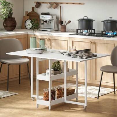 Folding Dining/Kitchen Table For 2-4 People With 2 Open Shelves, Portable Folding Dining Table For Small Spaces, Dining Room, Kitchen, 133.4 X 80 X 75 Cm, White