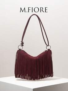 Vintage Suede Fringe Shoulder Bag, Burgundy Work Bag For Women, Elegant Wallet For Women, Vacation Essentials, Gifts For Women (Pattern Varies) - Burgundy - View 1
