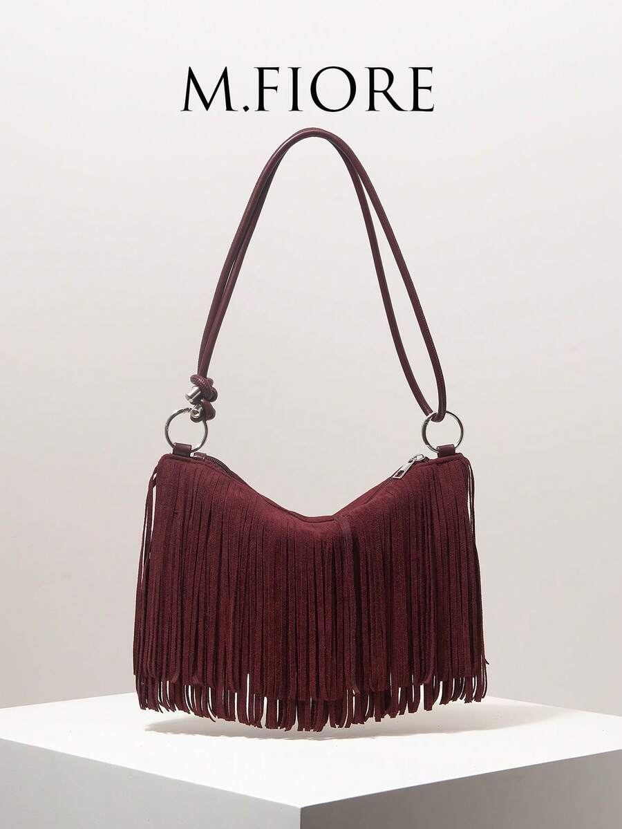 Vintage Suede Fringe Shoulder Bag, Burgundy Work Bag For Women, Elegant Wallet For Women, Vacation Essentials, Gifts For Women (Pattern Varies) - Burgundy - View 1