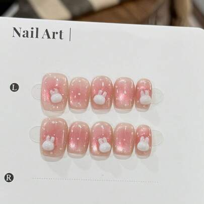 10pcs Pink 3D Cute Rabbit & Cat Eye Adhesive False Nails, Gentle Pink Tone Nail Decor Suitable For Daily, Holiday, Commute, Travel For Women & Girls