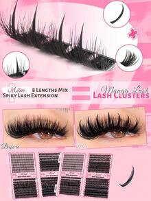 MEM 544 Spiky Clustered Eyelashes, Lower Eyelashes, Mixed Style Eyelash Grafting Set Fairy Spiky+80D+100D+120D, 10-18mm Thick And Thickened DIY Spiky Eyelashes, D-Curled Single Cluster 3D Thickened False Eyelashes, With Glue, Glue Remover, Tweezers Can Be Reused, Multiple Types Of Clustered Eyelashes Suitable For Various Occasions - 黑色 - 查看 4