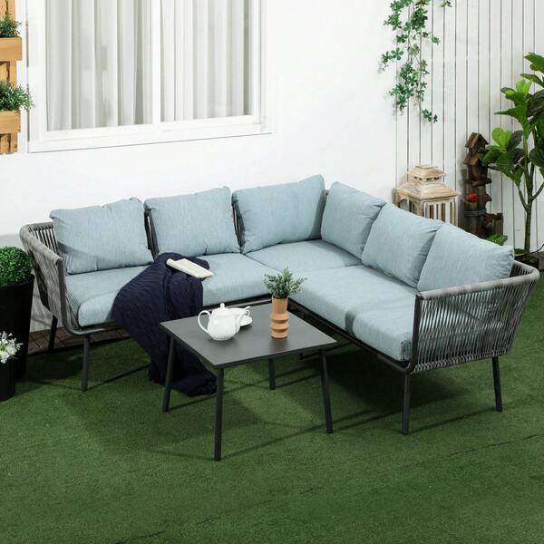 Outsunny 4 tlg. Rattan Gartenmöbel-Set, Sitzgarnitur mit Kissen, Sitzgruppe mit 2 Doppelsofas, 1 Ecksofa, 1 Couchtisch, Gartengarnitur für Balkon, Terrasse, Alu+Polyester, Grau