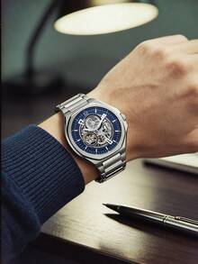 Fossil BQ2620 Evanston 男士自动机械表，蓝色镂空表盘，不锈钢材质，50米防水 - 藍色 - 查看 3