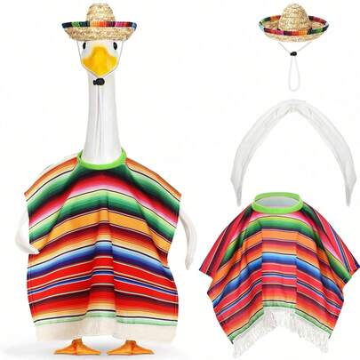 Bộ 3 món trang phục ngỗng trang trí sân vườn kiểu Mexico, gồm cánh ngỗng có thể điều chỉnh, áo choàng Poncho Mexico và mũ rơm lớn, phù hợp với tượng ngỗng nhựa 23 inch, trang trí sân vườn cho lễ Cinco de Mayo, tiệc tùng và trang trí sân vườn.