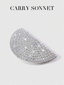 Sac de soirée à paillettes en forme d'éventail avec strass argentés, sac de soirée scintillant avec fermeture éclair, cadeau idéal pour les femmes - Argent - Voir 4