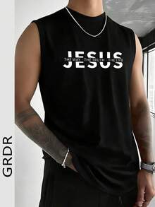 GRDR 男士极简印花休闲宽松圆领背心，百搭夏季街头服饰 - 黑色 - 查看 6