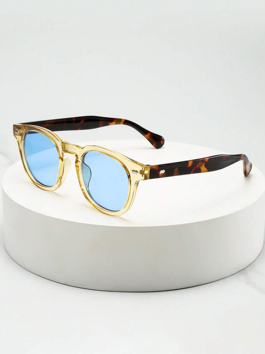 1副男女通用椭圆形镜框高品质个性化简约时尚眼镜，适合休闲、度假、旅行、聚会和日常佩戴 - 黃框藍片 - 查看 1