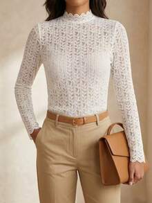 Women's Elegant Long-Sleeved Lace Blouse With High Neck – Sophisticated Casual Chic Style - BRANCO - 查看 8