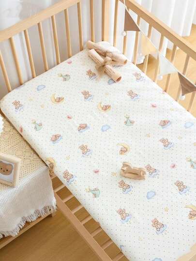 1pc Baby Crib Fitted Sheet, Super Soft & Breathable, Cartoon Print Pattern, Washable & Colorfast, Fits Oval/Rectangular Mattress, Nursery Decor, Christening Gift For Baby Boys & Girls, Suitable For Standard Baby Crib Mattress
