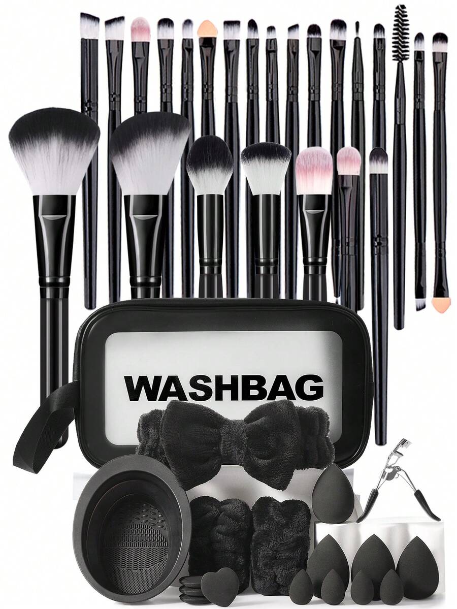 Bộ dụng cụ trang điểm 42 món bao gồm: Bộ 24 cọ trang điểm + 1 túi đựng mỹ phẩm và đồ dùng cá nhân đa năng có khóa kéo chống thấm nước + 1 băng đô cài tóc + 1 dụng cụ vệ sinh cọ trang điểm + 2 dây đeo chậu rửa tay + 4 bông mút trang điểm + 4 bông mút trang điểm mini + 4 bông phấn phủ mini + 1 dụng cụ uốn mi, tất cả trong một & thân thiện với người mới bắt đầu | Sẵn sàng mang theo du lịch & thích hợp làm quà tặng | Hoàn hảo cho người mới bắt đầu/phụ nữ. - Nhiều màu - Xem 1