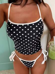 Bộ bikini tankini hở lưng gợi cảm dành cho nữ, họa tiết kẻ sọc và chấm bi, áo crop top không tay, thích hợp cho kỳ nghỉ hè ở bãi biển, tiệc tùng lễ hội âm nhạc, trang phục đi biển phong cách bohemian mùa xuân/hè màu đen. - màu đen - Xem 6