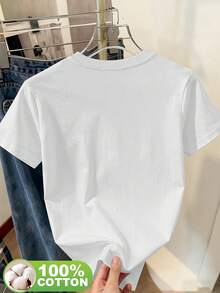 女士常规款玫瑰印花T恤，白色，100%纯棉，适合夏季穿着，休闲棉质T恤 - 白色 - 查看 4