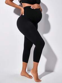 Maternity High Waist Abdominal Support 3/4 Pants With Expandable Belly Pad - Black - View 6