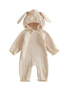 Newborn Baby Boy Girl Easter Bunny Romper Long Sleeve Cotton Linen Jumpsuit With Hood Casual Spring Clothes - 卡其色 - 查看 1
