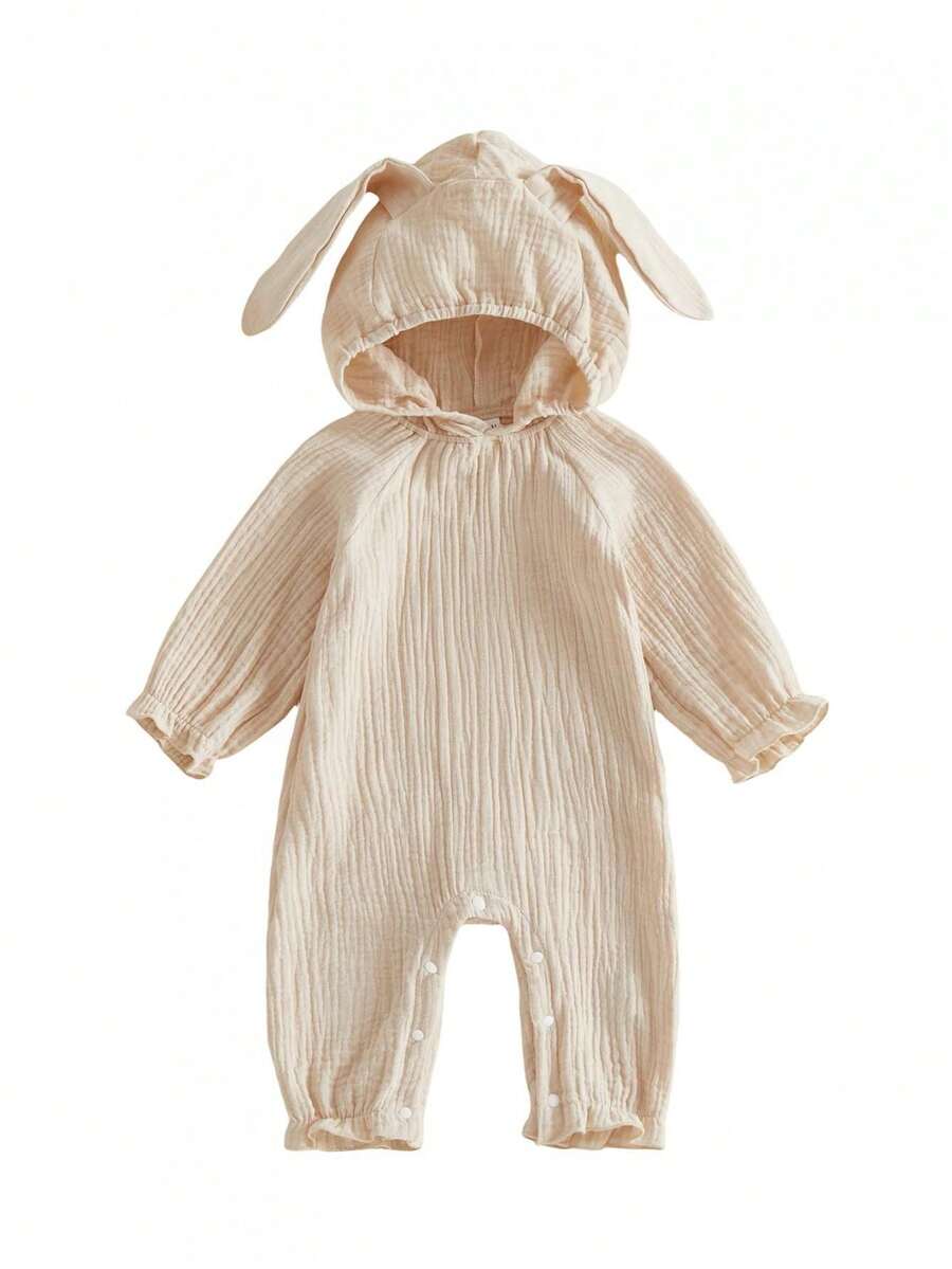 Newborn Baby Boy Girl Easter Bunny Romper Long Sleeve Cotton Linen Jumpsuit With Hood Casual Spring Clothes - 卡其色 - 查看 1