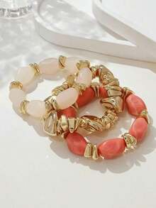 3pcs Vintage Multi-Layer Brown Acrylic Beaded Bracelet, Transformable Gold Chip Bracelet, For Women, Couples, Party, Daily Wear - 三件套 V - 查看 4