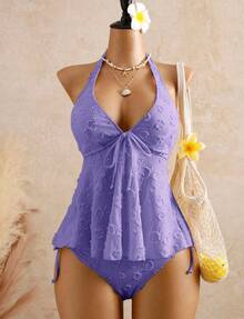 2026 European & American Style Lace Bikini, Halter Tie Ruffle Hem Tummy Control Two Piece Swimsuit For Hot Spring & Beach - Purple - View 1