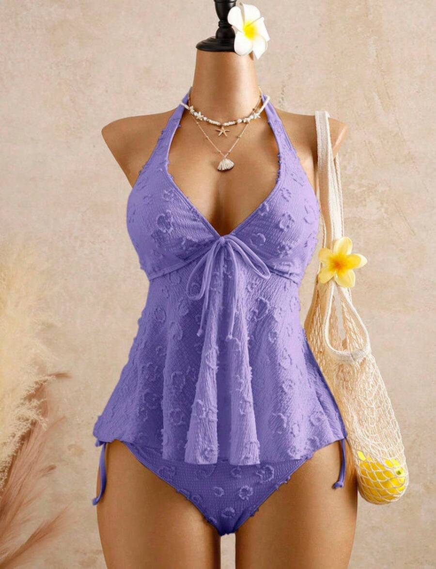 2026 European & American Style Lace Bikini, Halter Tie Ruffle Hem Tummy Control Two Piece Swimsuit For Hot Spring & Beach - Purple - View 1