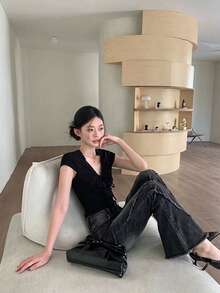 High Waist Flare Leg Slim Fit Fringed Casual Women Jeans, Solid Color, All Season - Black - View 12