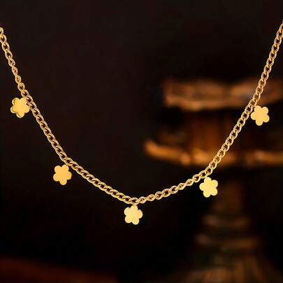 1件装女孩项链，多层沙滩风，不锈钢迷你花朵流苏吊坠项链，防水防过敏，时尚配饰，母亲节/情人节礼物