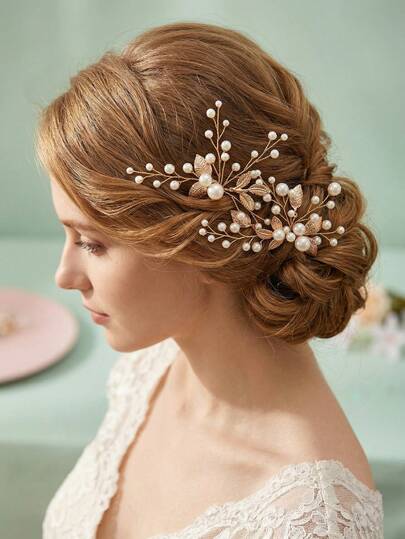 2pcs/Set Miallo Faux Pearl & Leaf Decor Bridal Hair Pins, Elegant Fairy Core U-Shaped Hair Accessories For Wedding Prom Women,Delicate Woven Pearl Hair Comb Pins, Bridal Updo Hair Styling Accessories For Party Banquet