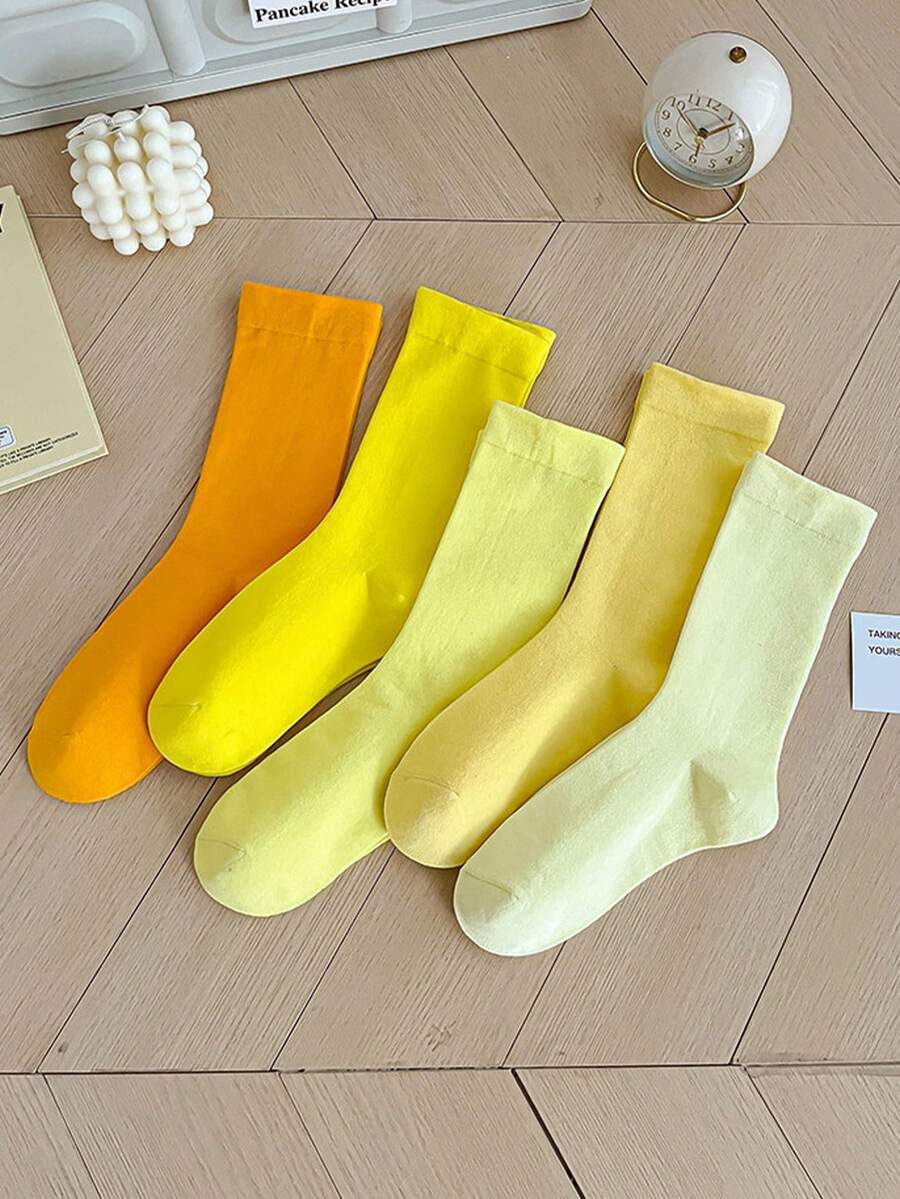 5 Pairs Random Yellow Tone Comfortable Breathable Mid-Calf Socks, Versatile Daily Wear - Multicolor - View 1