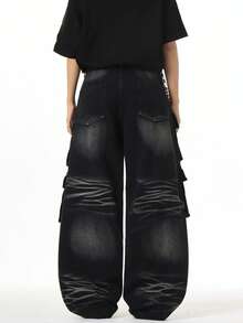 1pc Vintage American Style Men's Loose Fit Cargo Jeans, Versatile High Street Washed Distressed Design, Multi-Pocket Wide Leg Pants (Product Does Not Include Belt And Accessories) - Black - View 2