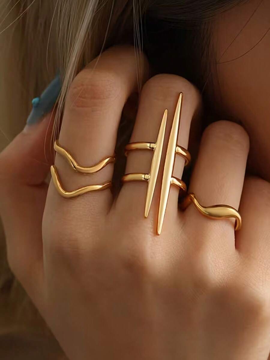 Bộ 3 chiếc nhẫn thép không gỉ mạ vàng 18K, thiết kế hình học tối giản, đường nét bất đối xứng, phù hợp cho nữ giới đeo hàng ngày, đi nghỉ mát, công sở, dự tiệc, du lịch, làm quà tặng trang sức thường ngày. - Nhiều màu - Xem 1