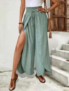 Woman Sage Wide Leg Pants – High Waist Split Flowy Summer Trousers - Green - View 1