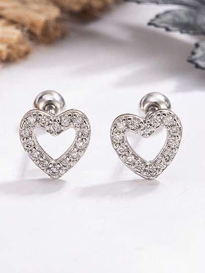 1 Pair Petite Rhinestone Hollow Heart Stud Earrings, Fresh And Sweet Summer Earrings Suitable For Daily Wear For Women