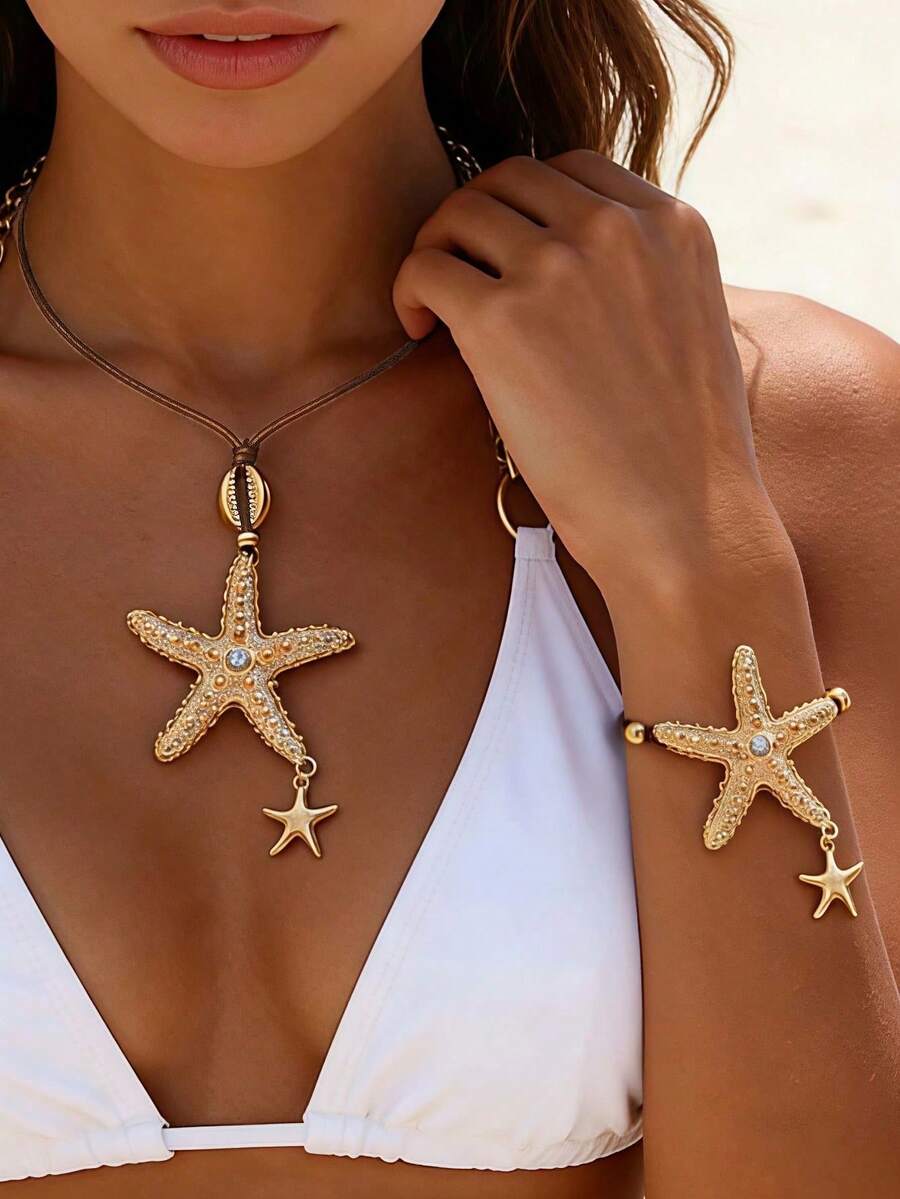 1 Set Summer Gold Exaggerated Starfish Linked Pendant Necklace, Adjustable Bracelet Jewelry Set, Suitable For Beach, Vacation, Photo Shooting